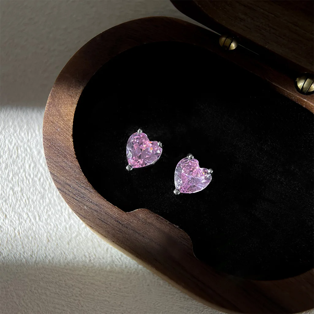 Pink Color CZ Crystal Stud Earrings for Women Korean Sweet Jewelry Female Birthday Friend Christmas Gift