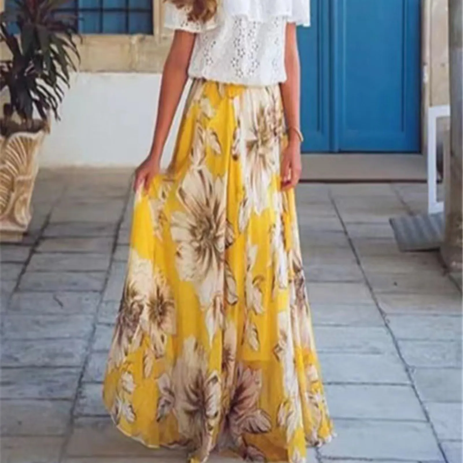 Women's Floral Printed Skirt Casual Long Vintage Fashion Fresh Pleated Skirt High Waist Straight Half-body Skirt ﻿For Summer