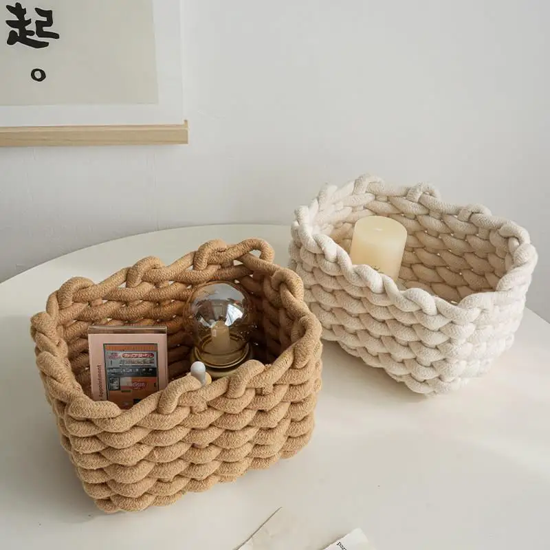 Braided Cotton Rope Heart Shaped Storage Basket Beige Khaki Desktop Organizer For Cosmetic Candle Small Sundries Home Storage