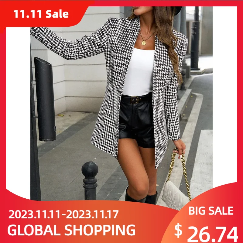 Women\'s Jacket Traffic  2024  Lattice Outerwears Stand Collar Long Sleeves Autumn Winter Fall Clothes 2024 Women Classics