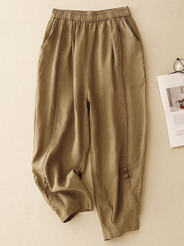 

Retro Floral Lace Cotton Linen Wide Leg Casual Pants Women's Elastic Waist Slimming Nine Point Pants Versatile Spring Summer