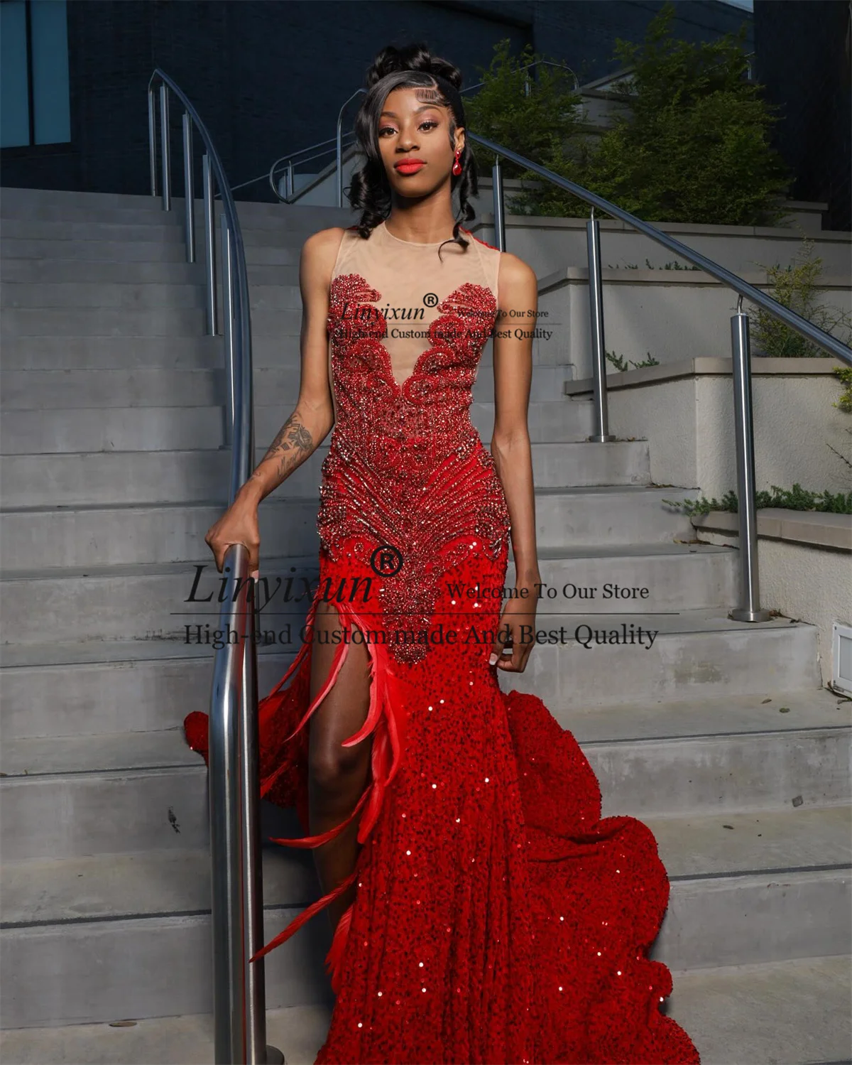 Dubai Red Sequins Prom Dresses Mermaid Luxury Crystal Beading Feathers Robe De Soiree Long Black Girls Evening Party Gala Gowns