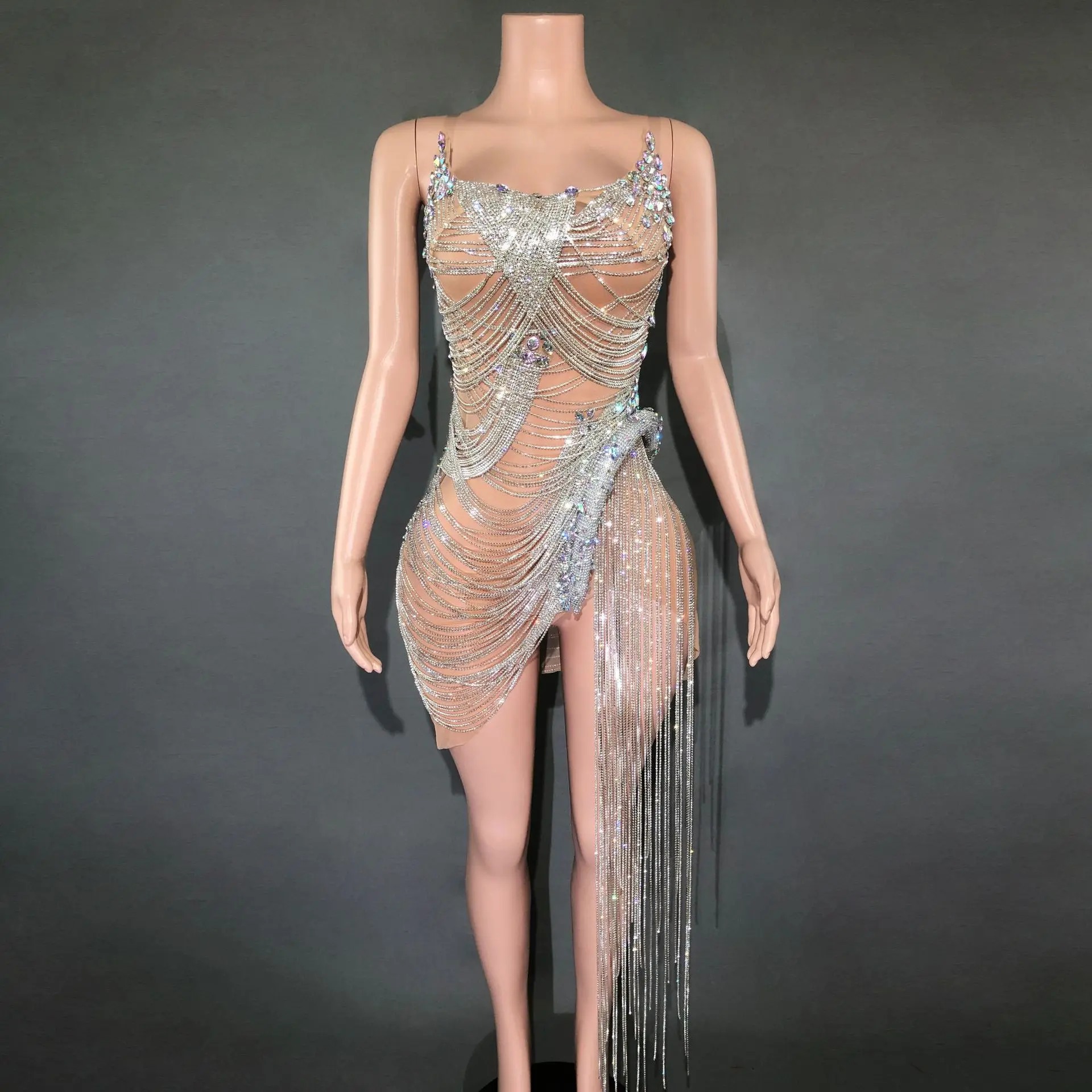 

Singer Hosting Party Rhinestone Long Fringed Gemstone Sparkling Tube Top Hip Design Skirt Vestidos Largos Elegantes Fiesta Mujer