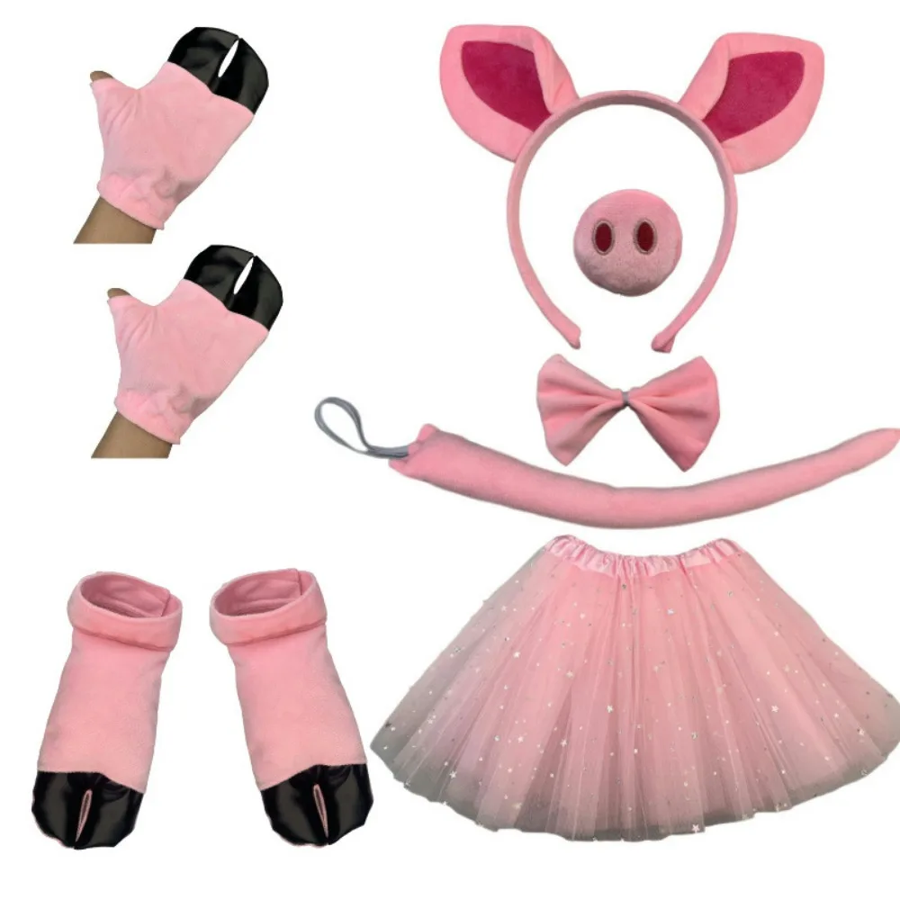 4Pcs Set Pig Costumes for Kid Pink Pig Ear Headband Tail Bowtie Tutus Gloves Nose Halloween Animal Cosplay Accessories Pink Gift