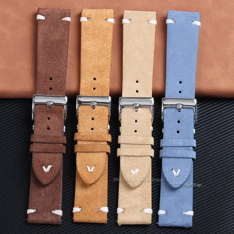 Suede Leather Watch Strap 18mm 20mm 22mm Grey Vintage Band Soft Replacement Wristband Handmade Stitching Watchband Universal