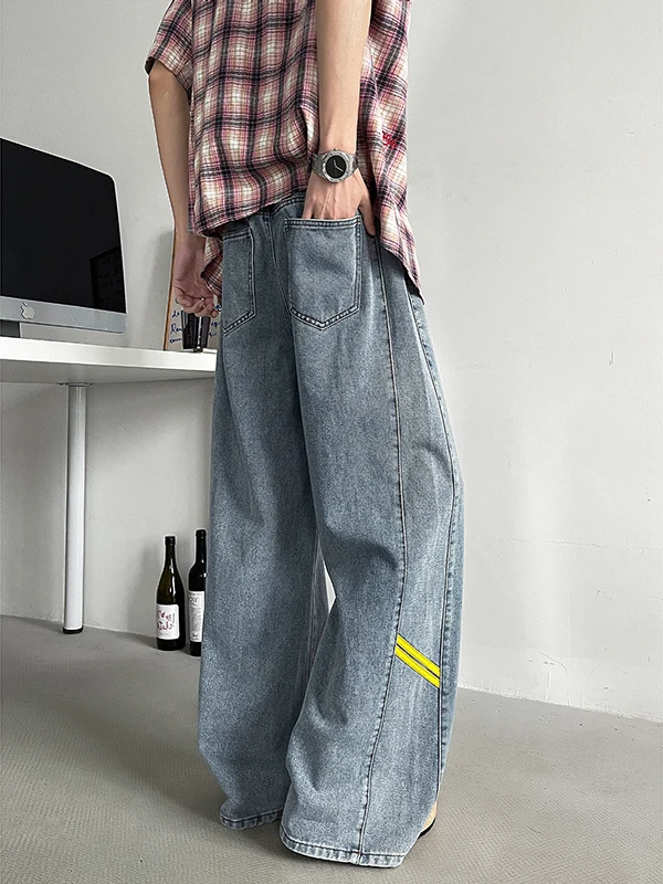 

Мужские зимние джинсы American High Street с полосатыми вставками, прямого кроя, повседневные, свободные, модные джинсы для подростков