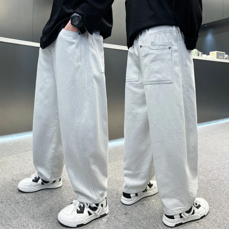 New Stylish Children White Baggy Jeans For Teens Boy 2026 Spring Autumn Wide Denim Pants Kids Luxury Silver Jeans Trousers