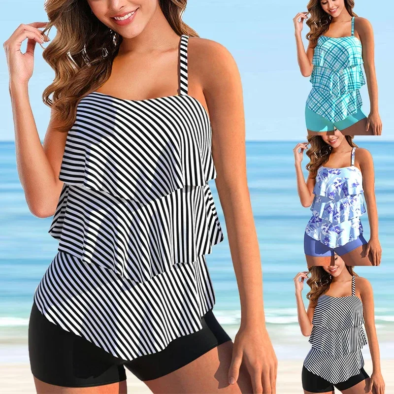 

High Touch Printed Fashion Trend Summer Beach Casual Women's Ruffle Design Bikini Vacation Set S-6XL