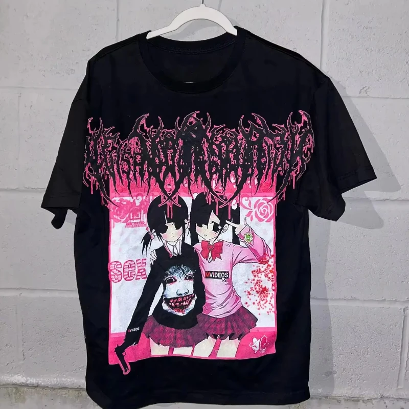 2025 Summer New Cotton Men's and Women's Gothic Style Short-sleeved Streetwear Y2k Top Retro Drolandmiller Print Graphic T-shirt