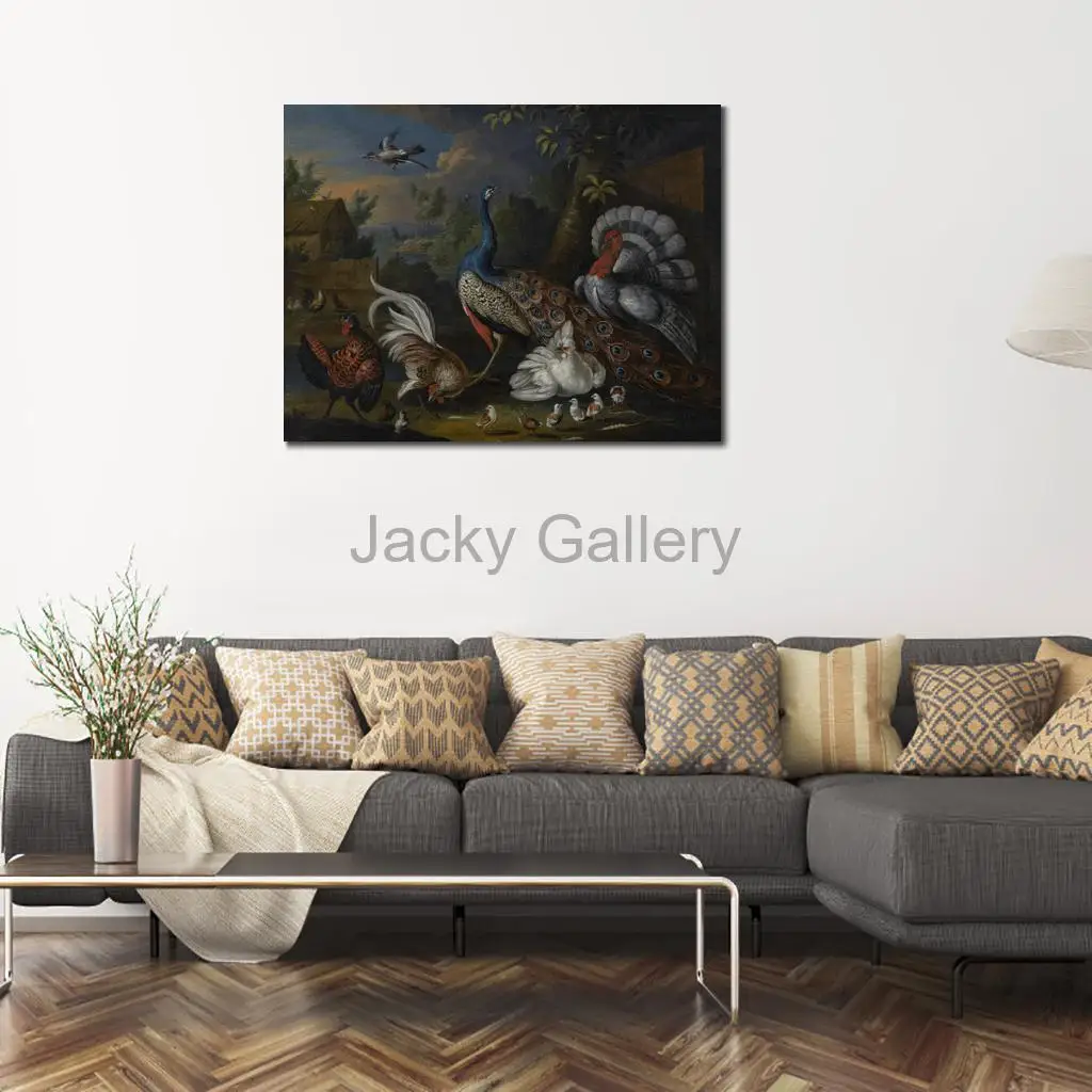 Classical Landscape Painting Peacock Turkey Rooster and Chickens by Jakob Bogdany Canvas Handmade Animal Art Dining Room Decor