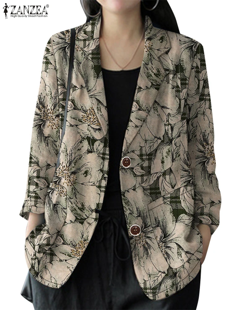 ZANZEA Cotton Autumn 2024 Suit Jackets Vintage Long Sleeve Floral Printed Women Casual Blazer Commute Elegant Lapel neck Blazer