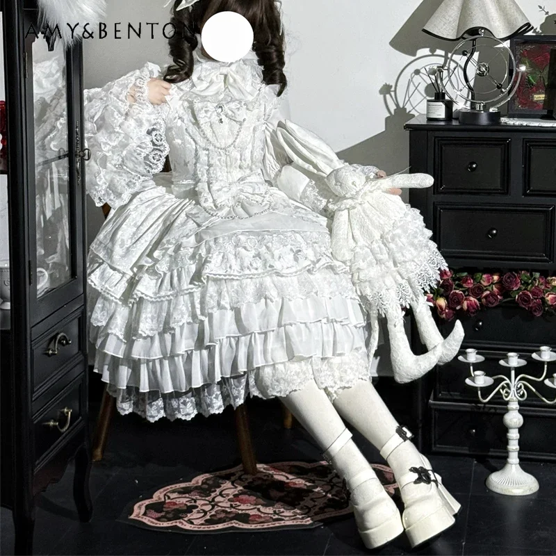 Lolita Style JSK Suspenders Dress Women Sweet Temperament Heavy Industry Multi-layer Tutu Dress Flare Sleeve Shirt Dress Sets