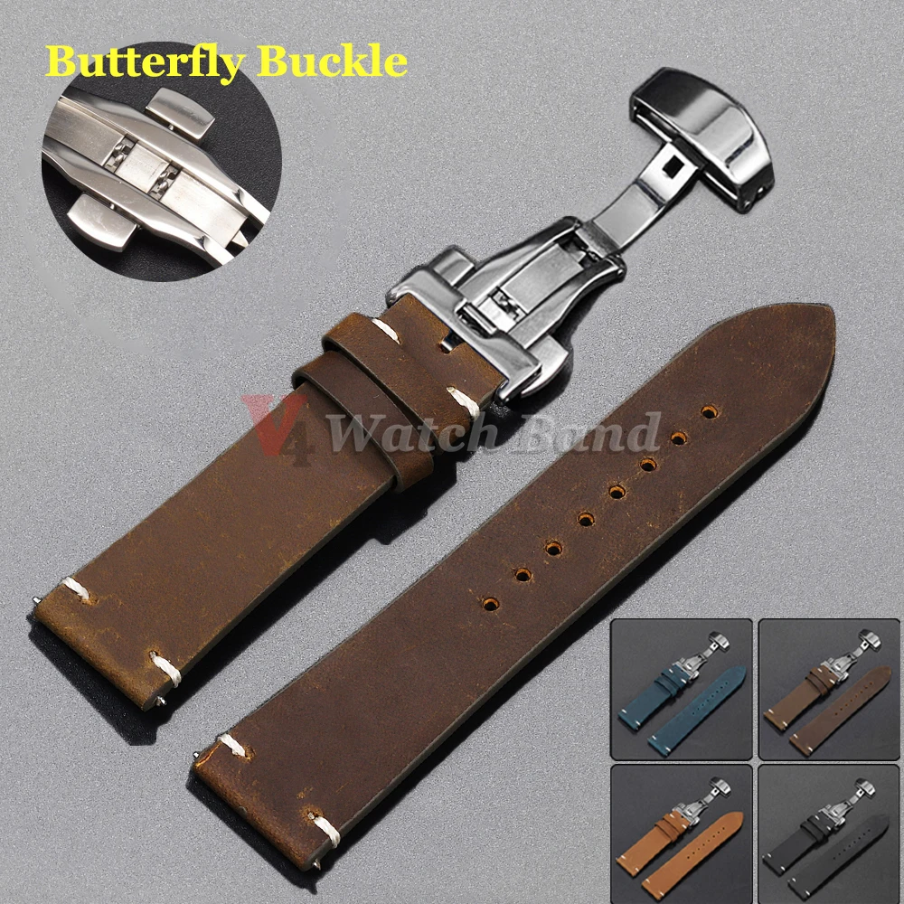Pasek ze skóry bydlęcej do Omega 18/19/20/21/22/24mm do bransoletki na nadgarstek do Seiko Vintage skórzany pasek do zegarka klamra motylkowa