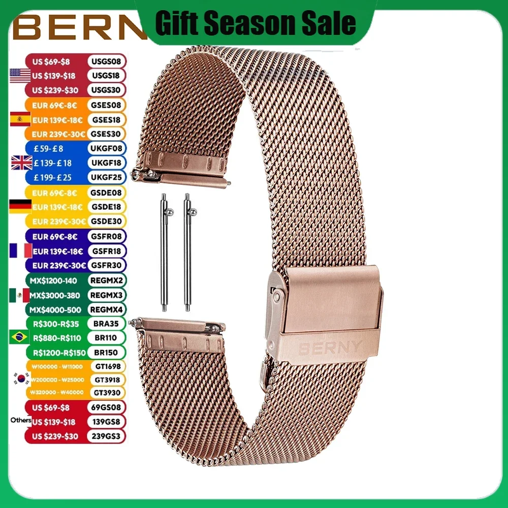 Quick Release 20mm Gold Watch Strap for Men 316L Stainless Steel Band 22mm Mesh Waterproof Milanese Bracelet Watch Accessories