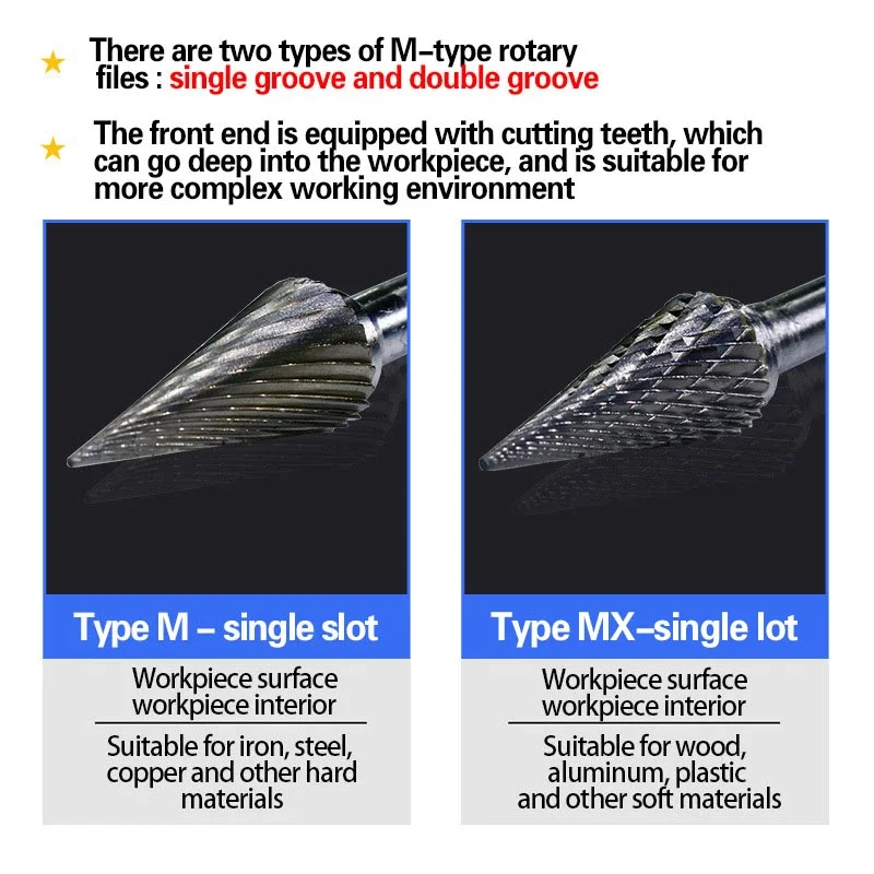 Tungsten steel grinding head carbide rotary file conical milling cutter metal grinding engraving single and double groove M type