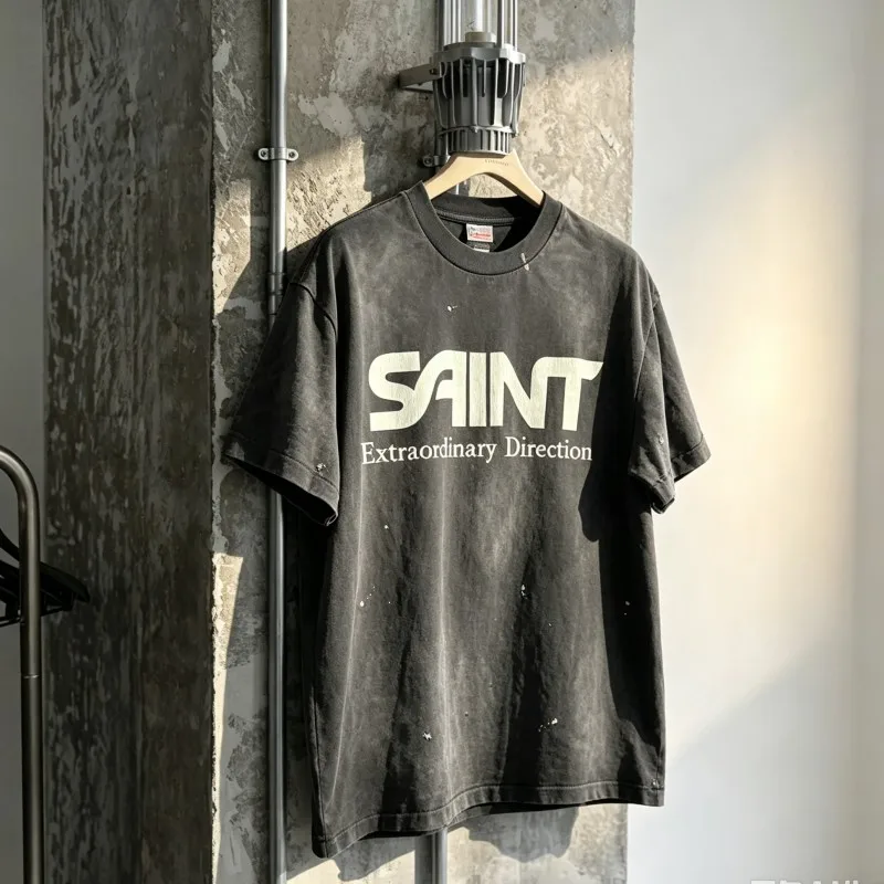 Crack Printed Badge Logo Washed Distressed Black Saint Tshirts Splashed Ink Round Neck Short Sleeve Men Women Vintage Streetwear