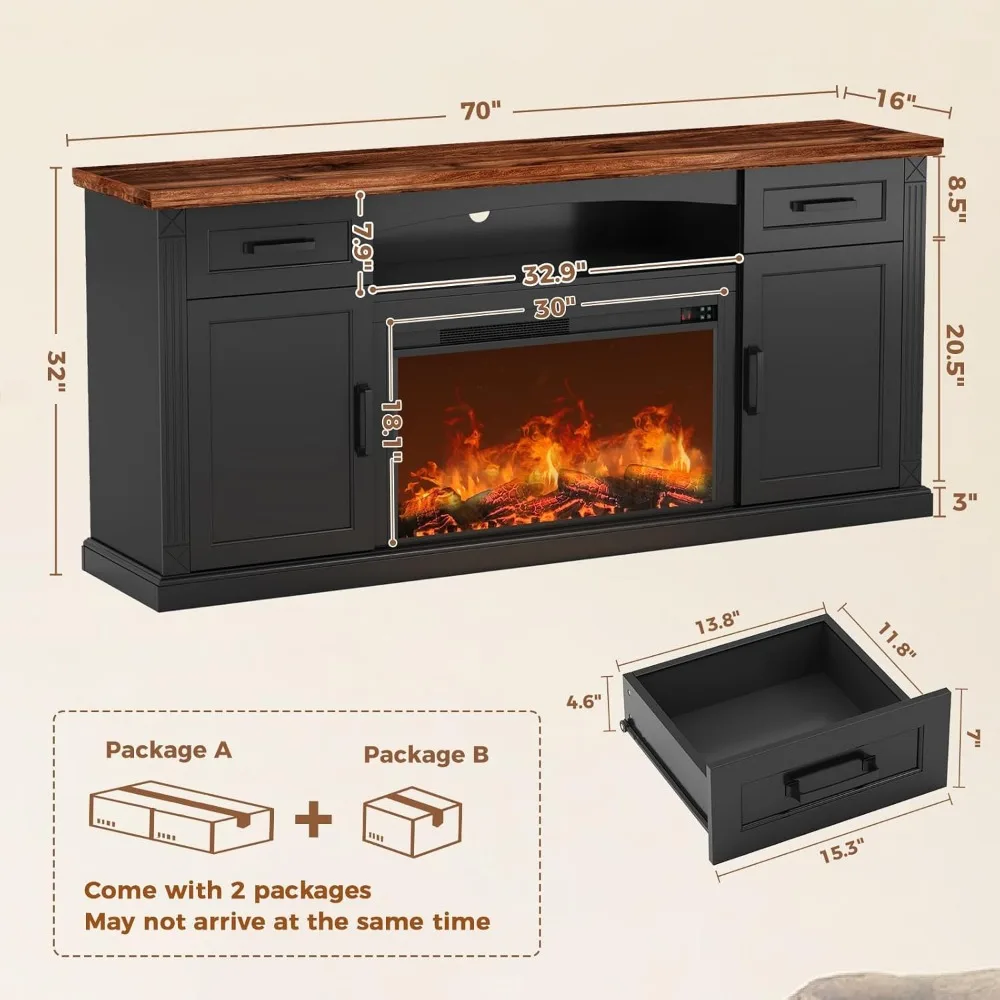 Centro de entretenimiento con chimenea eléctrica para televisores de 70 a 80 pulgadas, soporte para TV estilo granja de 32 altos con fuego eléctrico