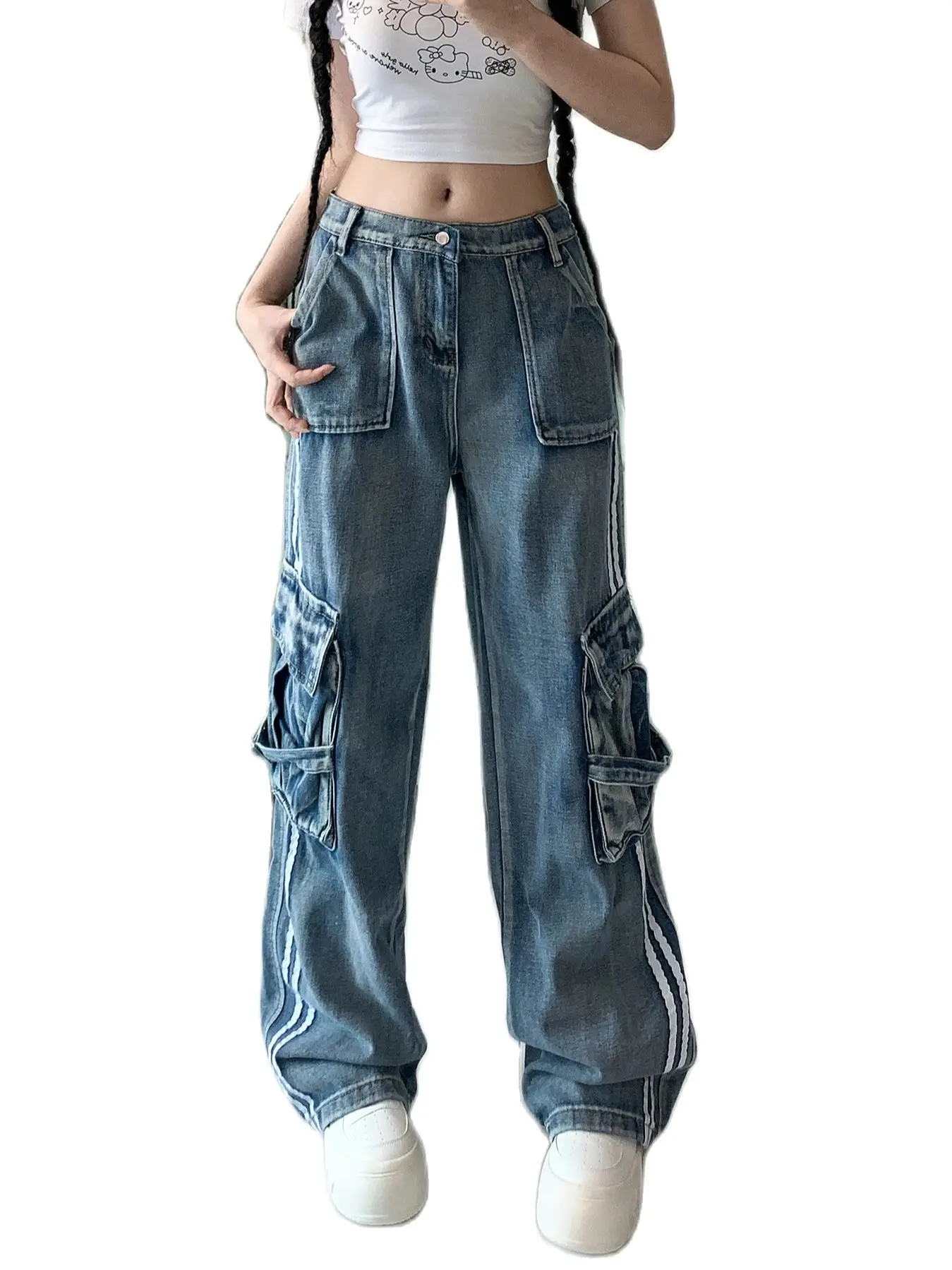 

Women's Blue Baggy Cargo Jeans Korean Y2k Harajuku High Waist Denim Trouser 2000s 90s Aesthetic Wide Jean Pants Vintage Clothes