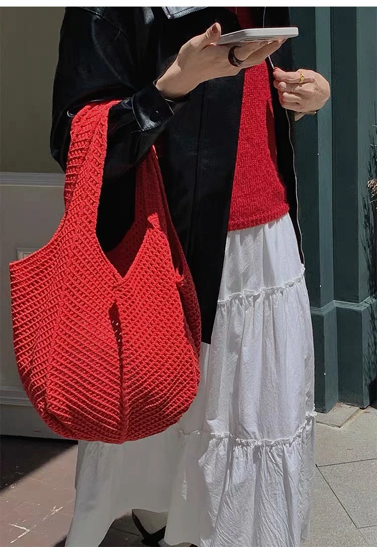 

2025 New Handmade Hollow out Knit Large oulder Bag Casual Lazy Sle Red Tote Bag Soft Polyester Unwaed Youth Dail...