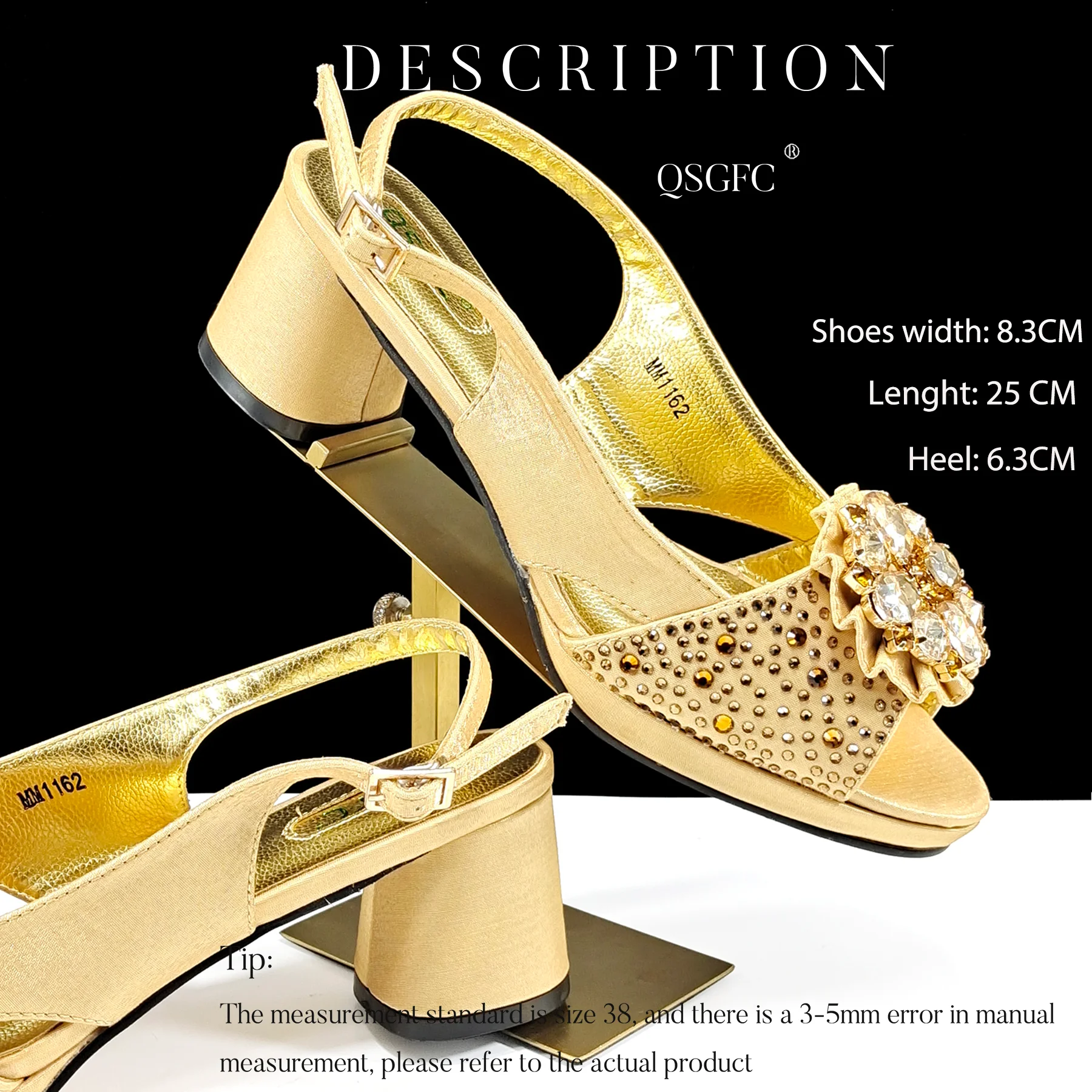 Newest Gold Color Mature Style Party Wedding Peep Toe High Heel Lady Shoes with Platform and Bag Set Decorated With Rhinestone