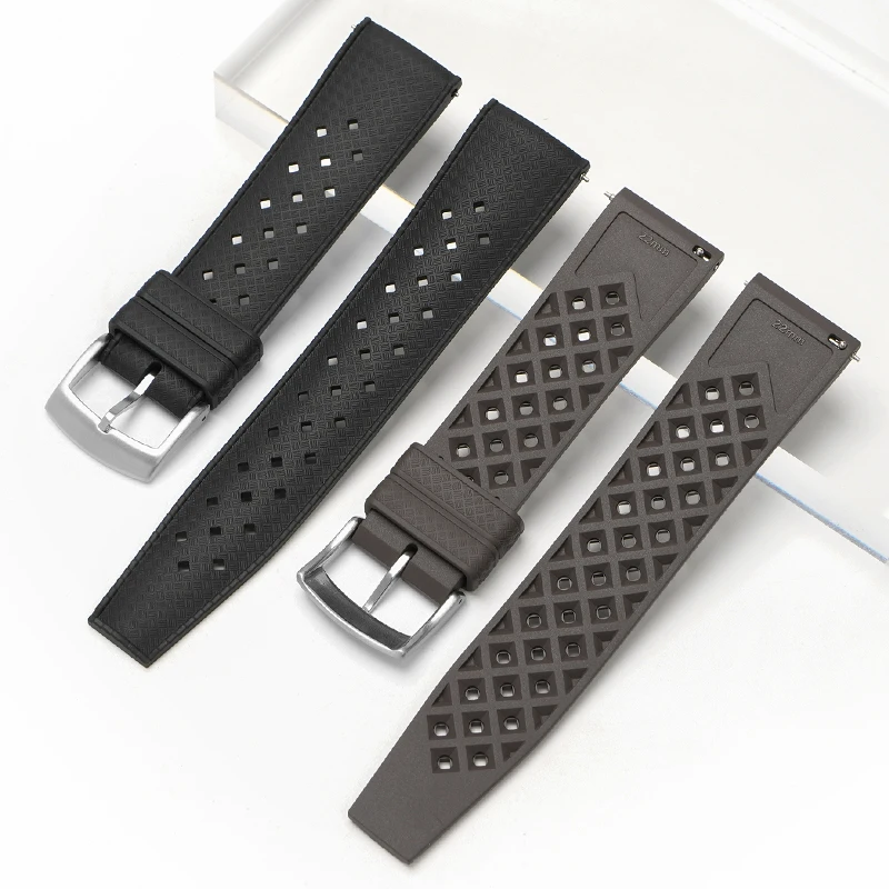 Fluoro Rubber Strap 20mm 22mm Quick Release Sport Waterproof Breathable Holes FKM Fluororubber Replace Watch Band for Men Women