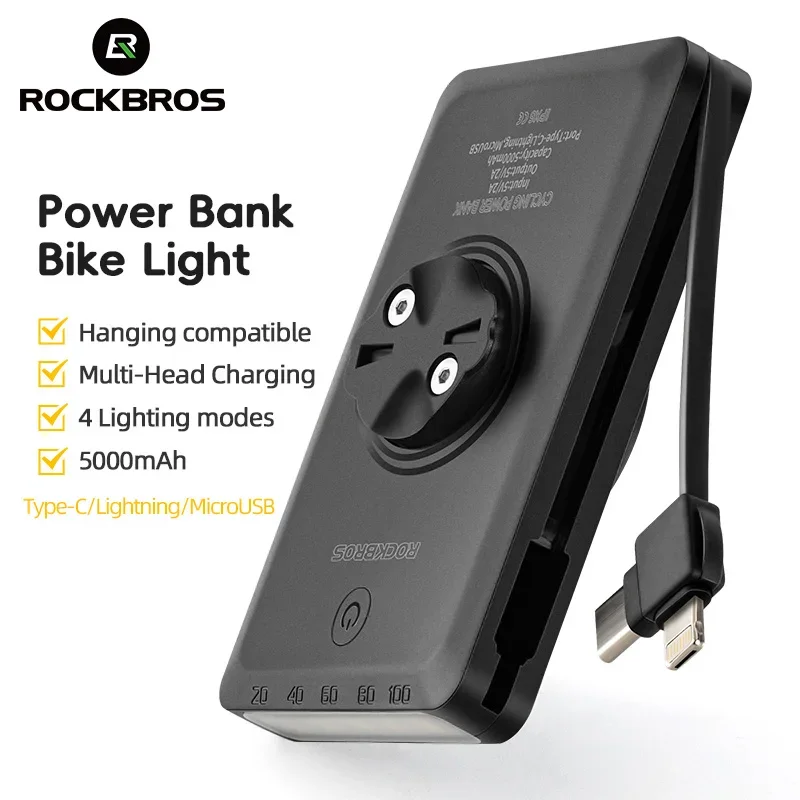 ROCKBROS Bike Light 5000mAh Capacity Front Lamp 3 in 1 Muiltiple Cables Type-C Charge 4 Modes Bicycle Headlight Bike Accessories