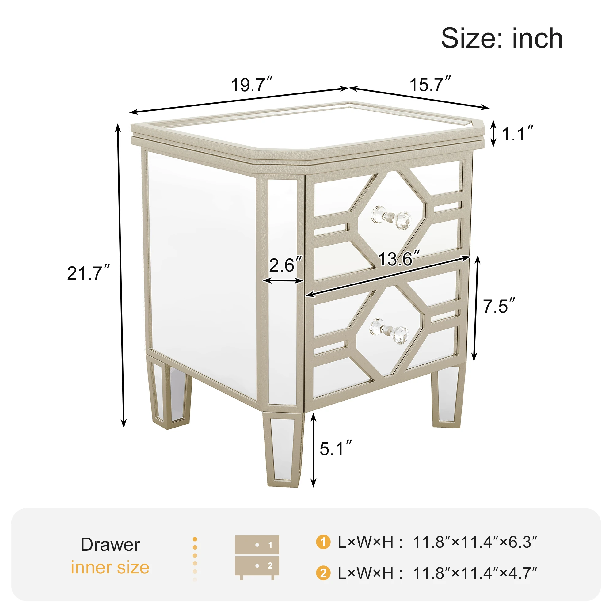 Nightstand Bedside table Elegant Mirrored 2-Drawer Nightstand End Table with Golden Lines for Living Room,Bedroom