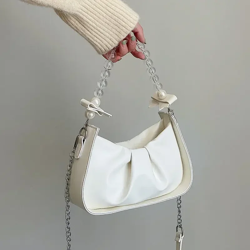 Women Fashion Crossbody Top-handle Bags Beading Pleated Sweet Handbags Single Shoulder Chain Bag Chic Underarm All-match Zipper