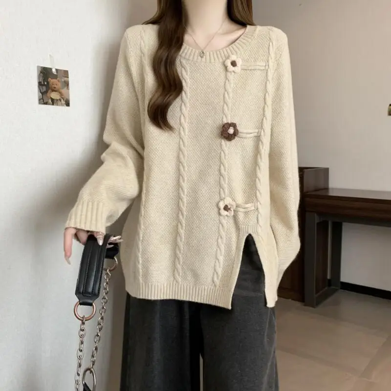 

Women's Sweater New Pullover Knitwear Woman Clothes Tops Fashion Y2K Kawaii Warm Cable Knit Flower Decor Soft Long Sleeve Casual