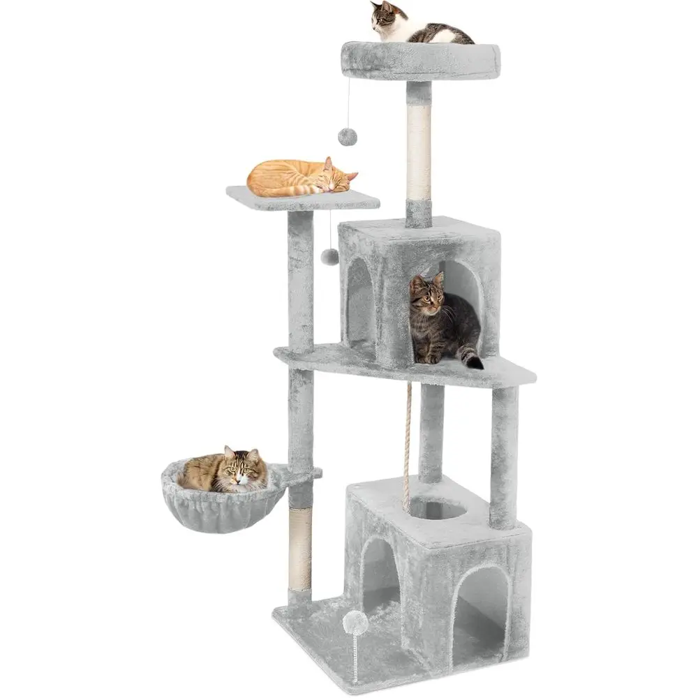 

54-Inch Indoor Cat Tower, Multi-Level Condo with Scratching Posts, Basket, Perches (Light Grey)