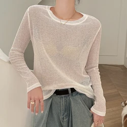 Spring Mesh Lazy Outer Wear Loose O-Neck T-shirt Women Long Sleeved Thin Summer Knit Pullover Casual Comfortable Sunscreen Shirt