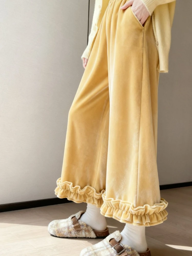 

Весенне-осенние повседневные брюки из вельвета с широкими штанинами для женщин, универсальные, на резинке, простые, с кружевом «гриб»