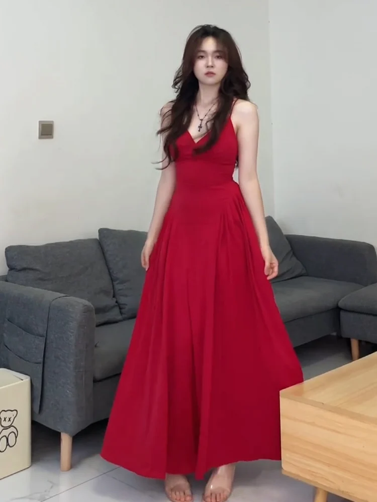 

Red Bal V-Ne Maxi Dr Women's Summer Sexy Strap Dr Large Size A-Line Korean Sle High Waist Casual Wear