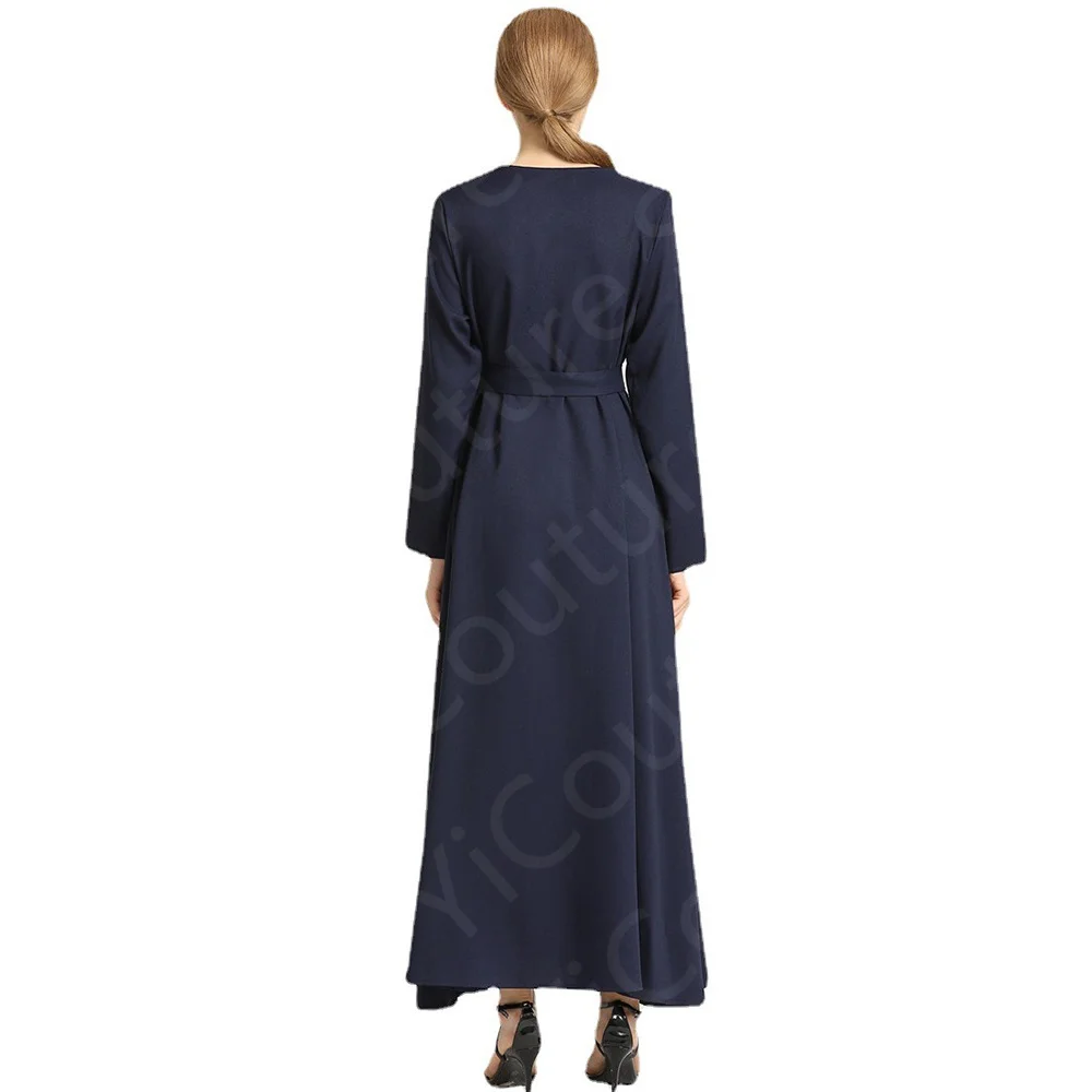 Latest Arrival Muslim Dress Navy Blue Prom Arabic Dresses Long Sleeves Evening Gown V Neck Bow Belt Wedding Party Dress Applique