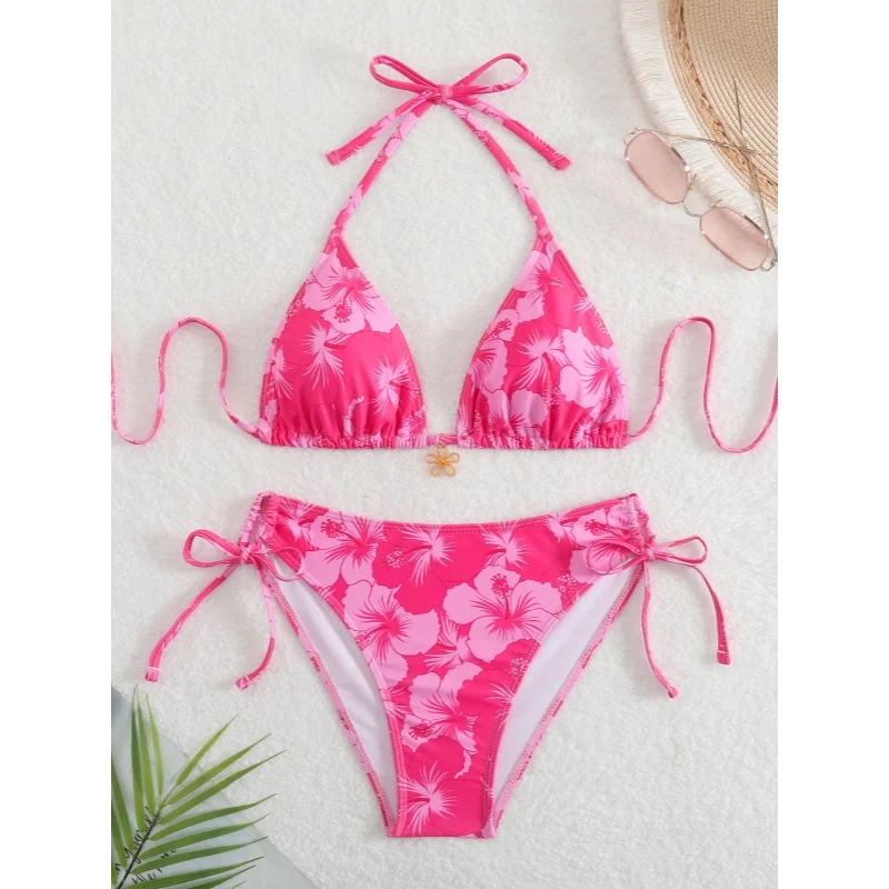 

Women Sexy Hot Pink Hibiscus Bikini Set 2026 Halter Neck Two Piece Swimwear Tie Side Bathing Suit Summer Beach Vacation Pool Par