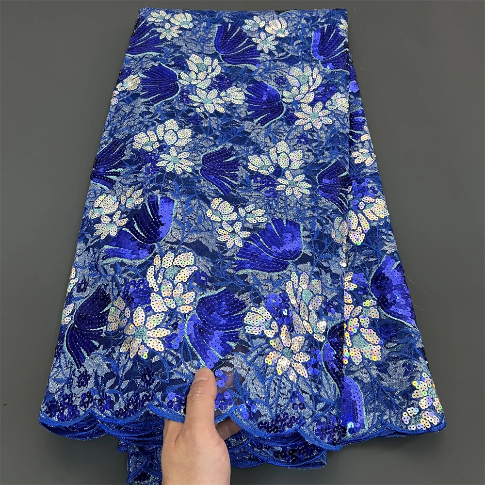 2025 الأفريقي النيجيري عالية الجودة الترتر تول تطريز أقمشة الدانتيل 5 ياردة الخياطة الخرز حجر لفساتين الحفلة الراقصة PS0075