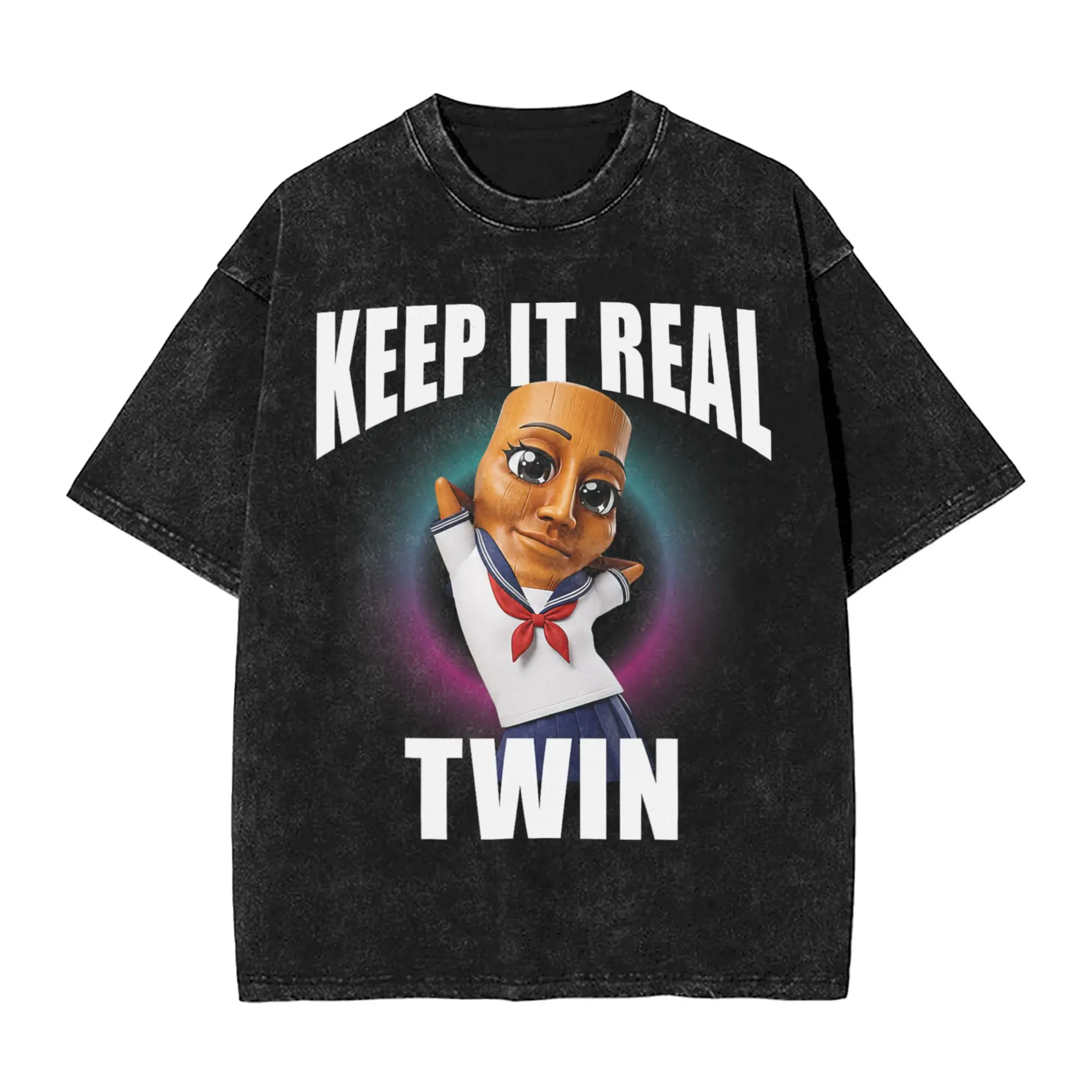 Streetwear Washed T-Shirt Keep It Real Twin Fun Tung Sahur Chan Brainrot Meme Cotton T Shirts Trending Tee Shirt for Man Summer