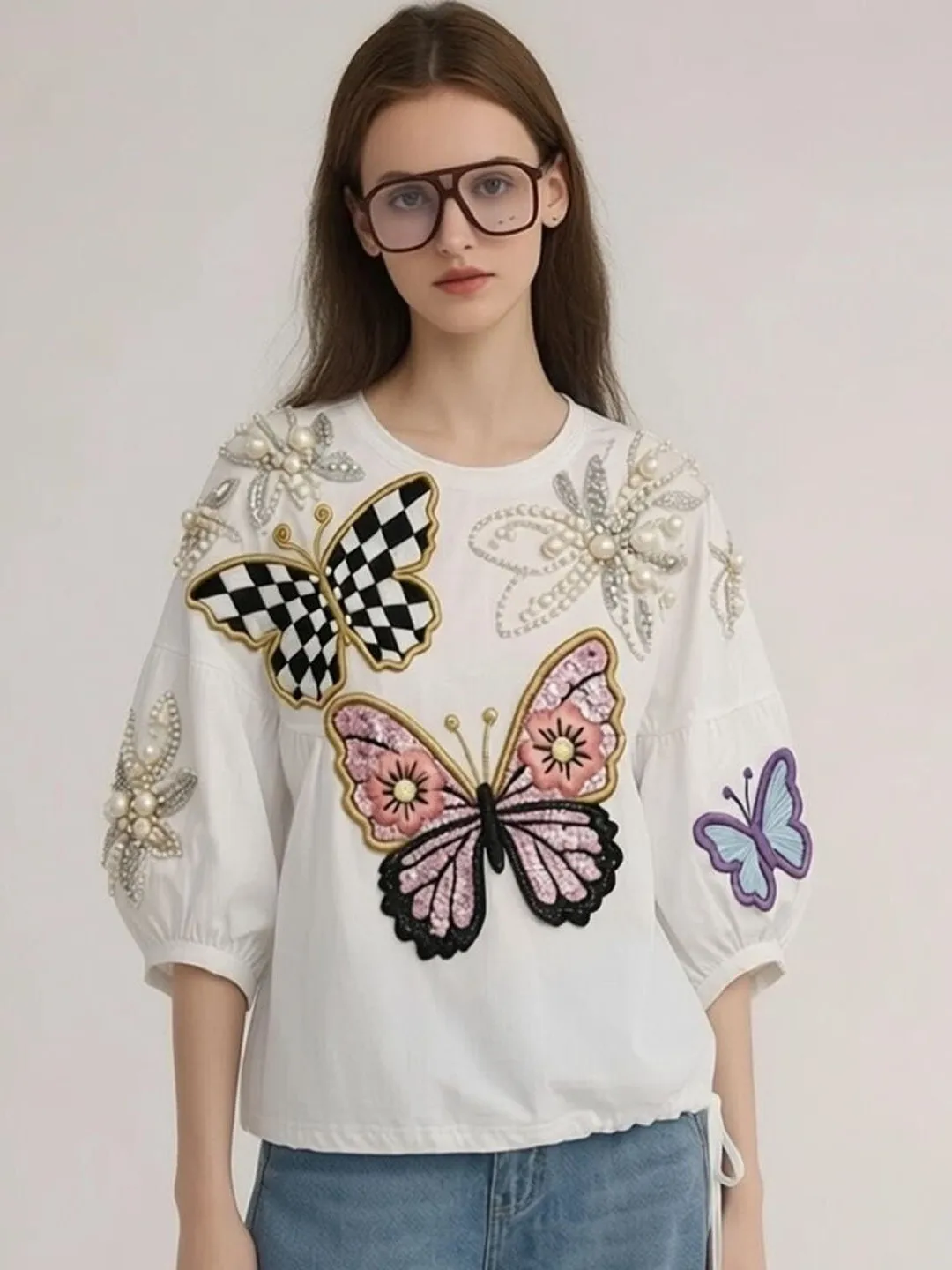 Fashionable Women's T-shirt Elegant Intelligence Style Early Autumn New Arrival Rhinestone Embellished Loose Fit Creative Print