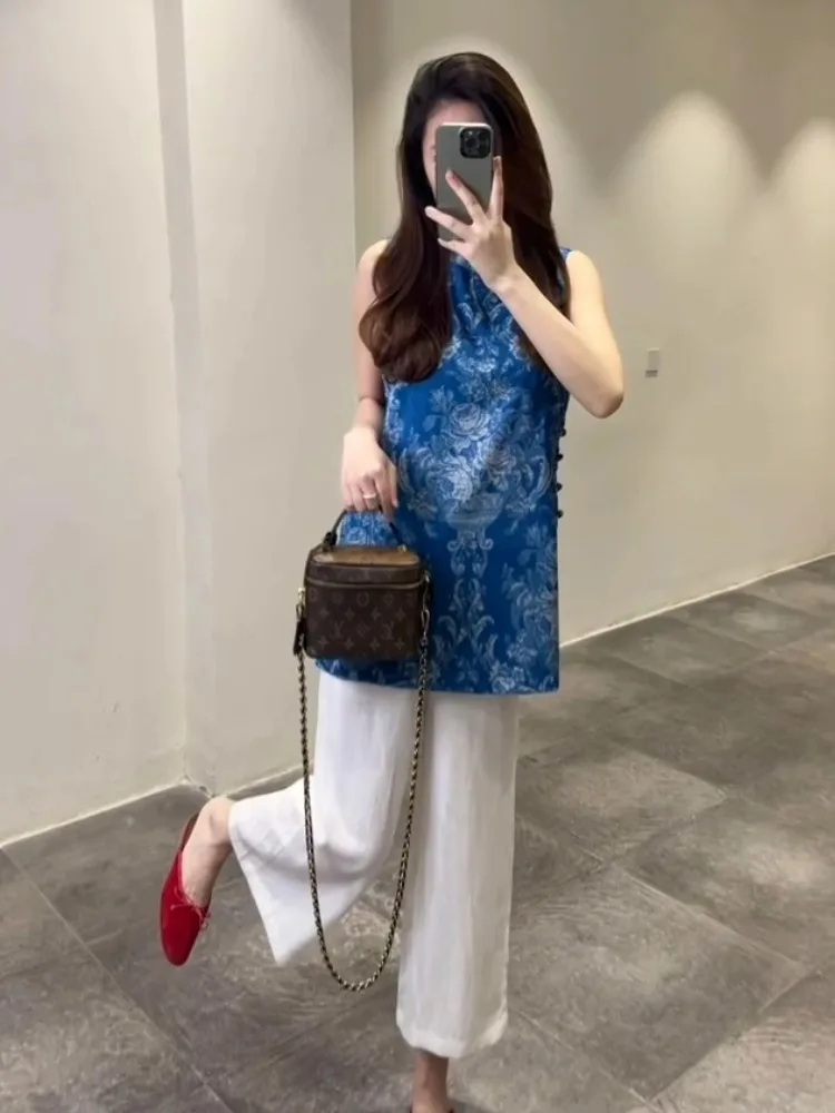 Pantalones de pierna ancha con estampado Floral azul y traje de verano para mujer, conjunto de dos piezas, nuevo traje nacional chino 2025