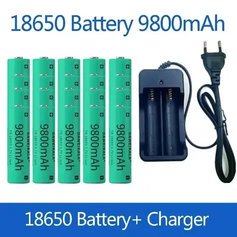 3,7 V, 18650, 9800mAh  capacidad, batería recargable  iones  litio para linterna, batería  antorcha + cargador