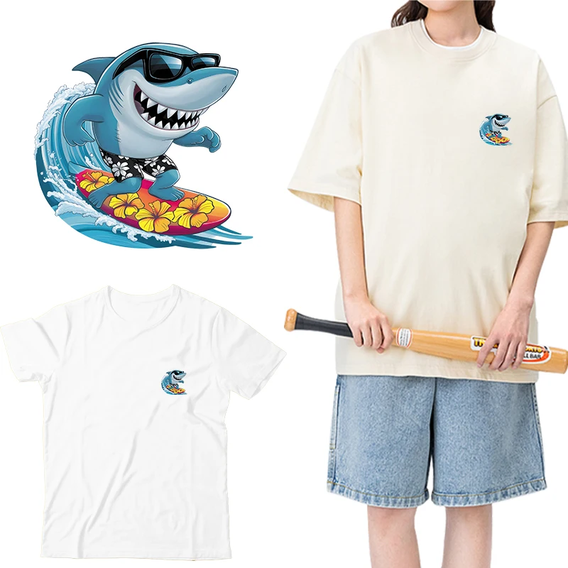 Interesting sharks surfing Iron on Transfers Dtf Transfers Ready to Press Patches for children Clothes Heat transfer stickers