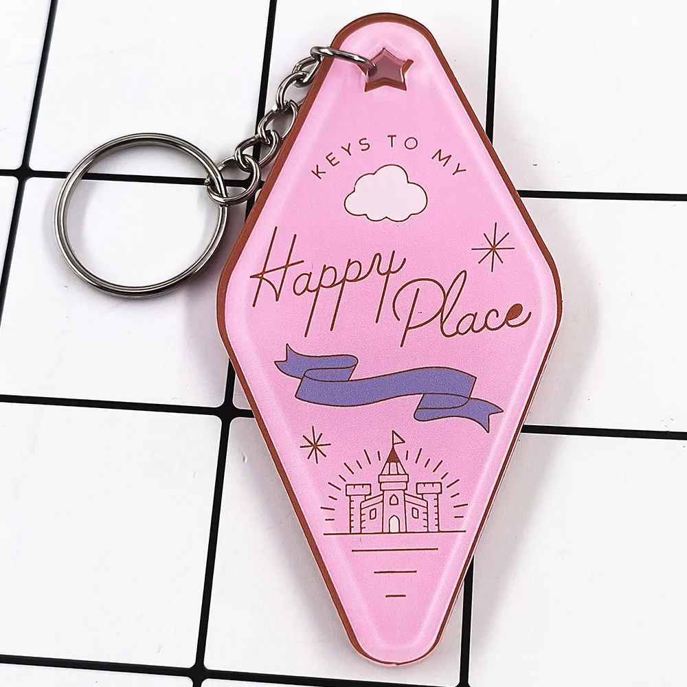 KEYS TO MY Happy Place Pink Keychain Baiyun Castle Motel Style Key Ring Retro Style Hotel Keytag Backpack Decoration Pendant