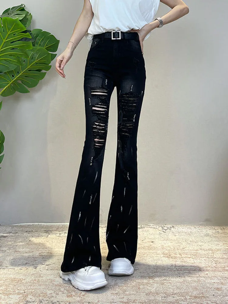 ハイウエストファッションリッピングブーツカットジーンズ女性のカジュアルスリムレトロデニムパンツヴィンテージストリートワイドレッグストレート Vaqueros