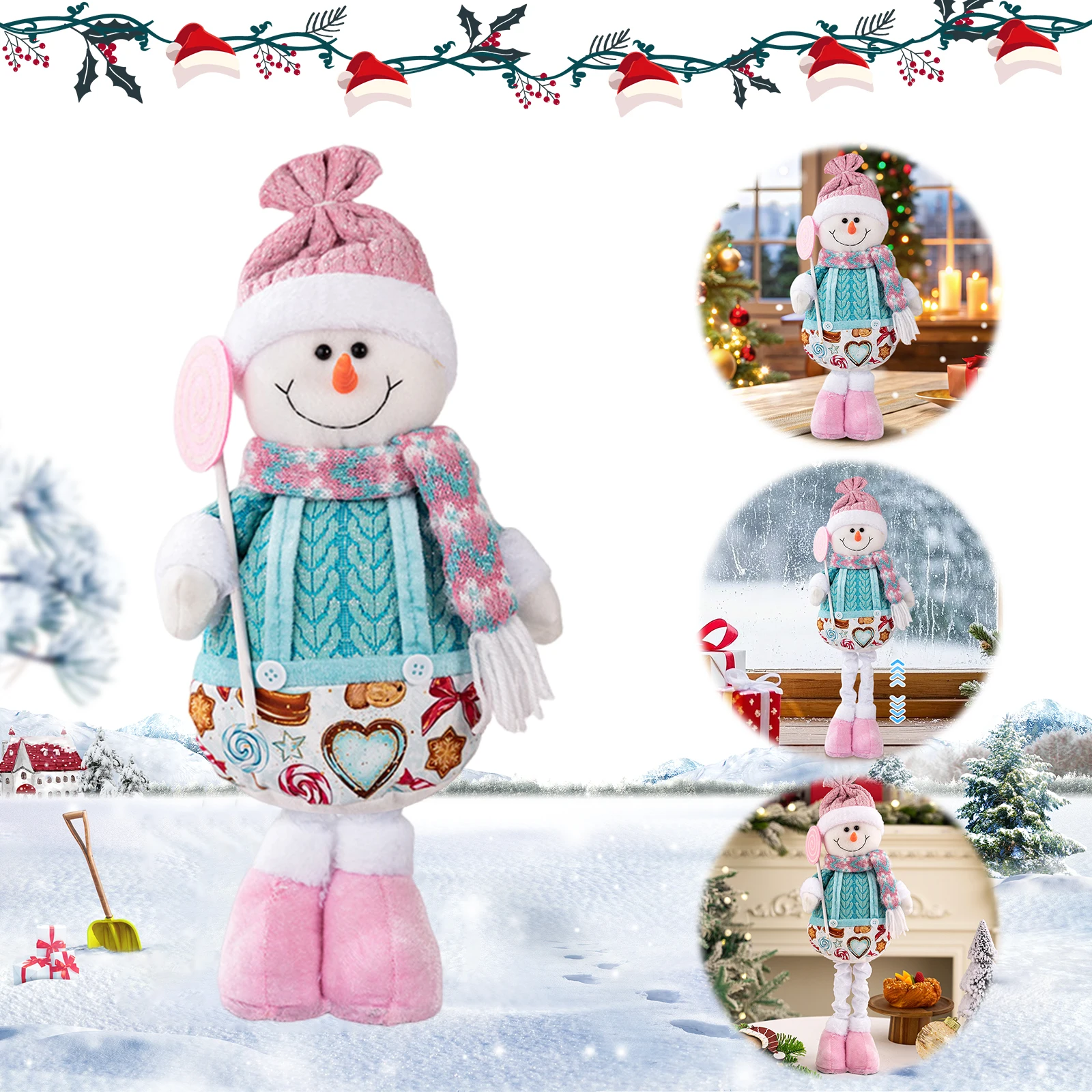 

Telescopic Christmas Doll with Retractable Legs Pink Santa Claus Snowman Elk Standing Doll for Holiday Season Birthdays