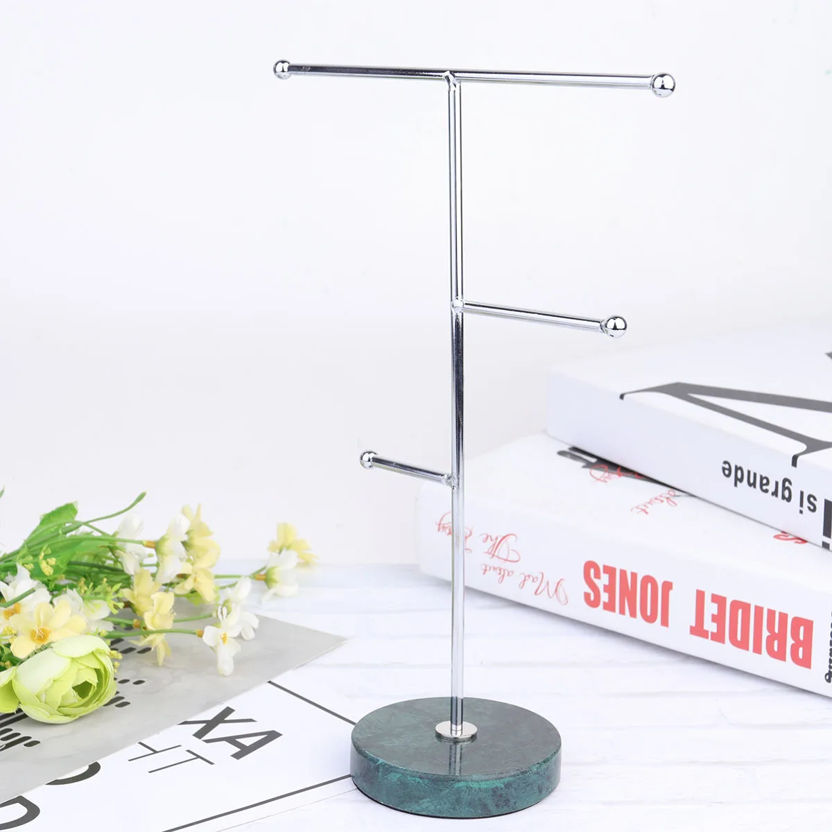 

Marble Base T-Shape Iron Rack Jewelry Stand Mini Ring Storage Organizer Decorative Earring Display Holder for Home Shop Bedroom