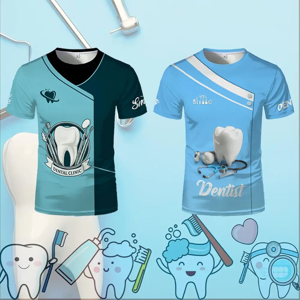 

2025 New Fun Role-Playing Dentist Uniform Cute And Novel 3D Tooth Print T-Shirt Unisex Casual Fashionable Breathable Top