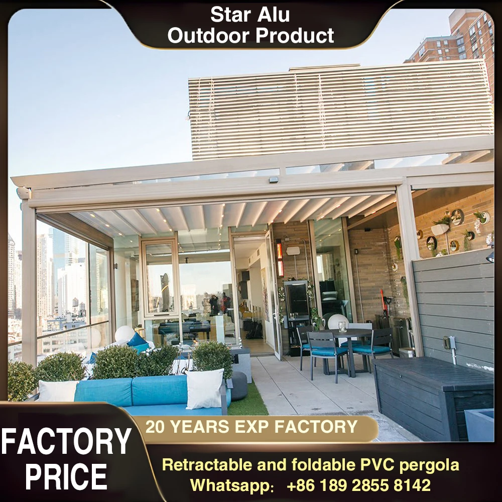 Modern Retractable Pergola Awning Waterproof PVC Canopy Powder-Coated Aluminum UV-Resistant Eco-Friendly Outdoor Sunshade