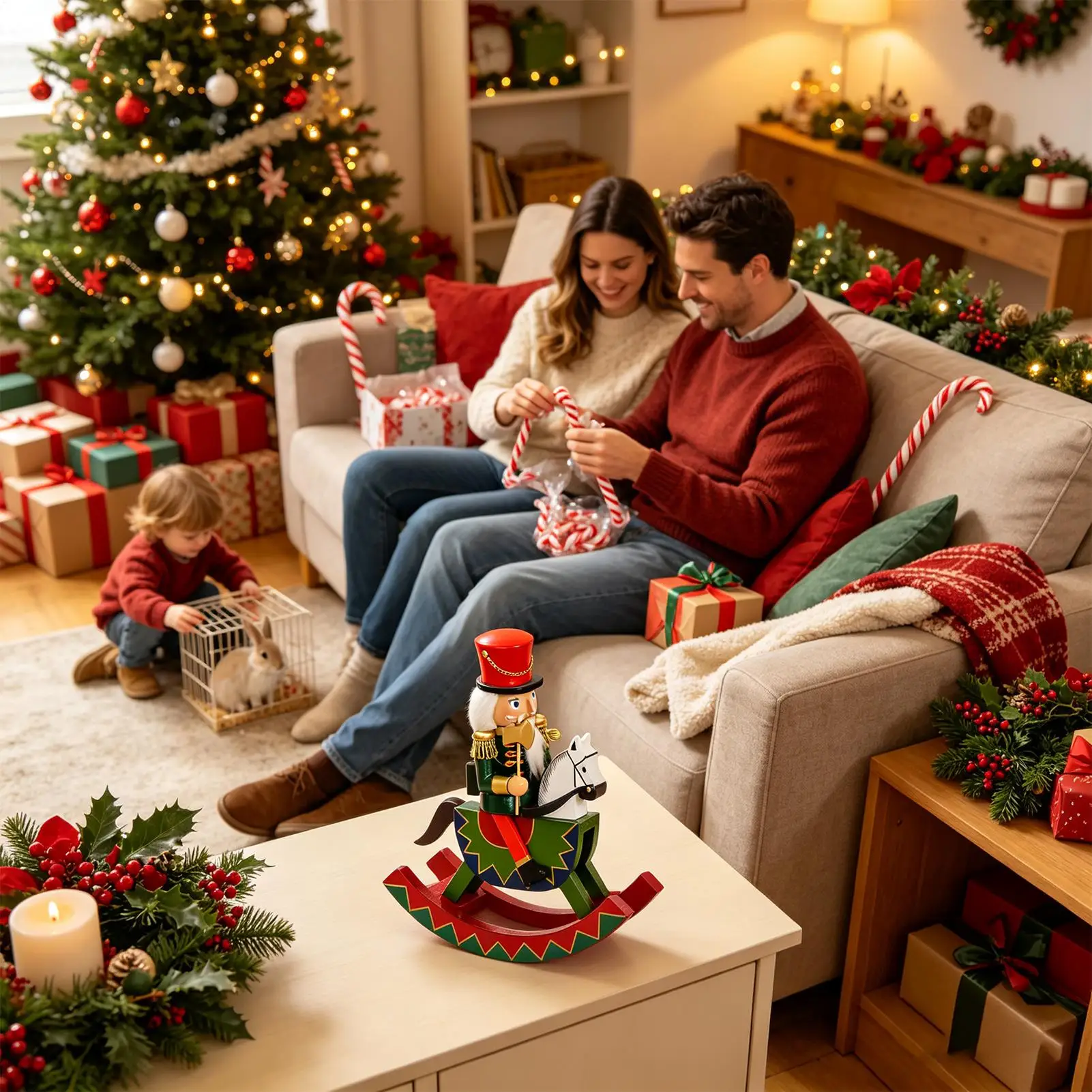 Christmas Nutcrackers Festival Holiday Decoration Statue Wooden Nutcracker On Rocking Horse Figurine For Living Room Bedroom
