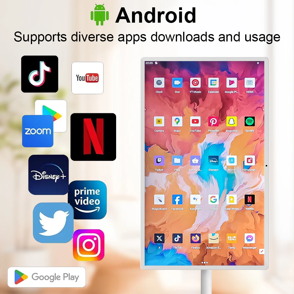 24-calowy bezprzewodowy ekran dotykowy Android TV Monitor Home Entertainment Podświetlenie LED Biała szafka System operacyjny Android 12 Stojak w zestawie