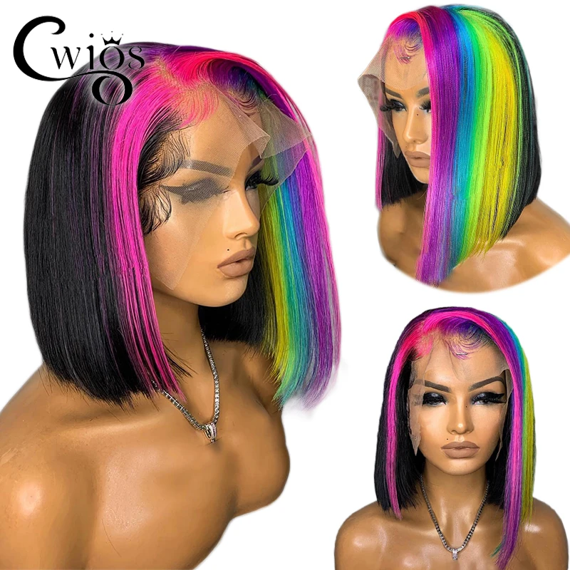 Perruques Bob Lace Front Synthétiques Transparentes pour Femmes, Droite, Arc-en-ciel, Drag Queen Cosplay, 03/Wig, 13tage, Chaleur, Degré, Femme, 180%